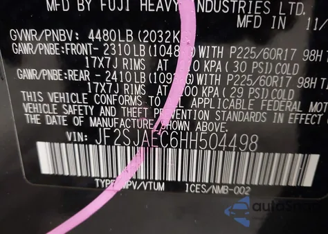 2017 Subaru Forester 2.5I Premium z USA, uszkodzony, nr VIN JF2SJAEC6HH504498